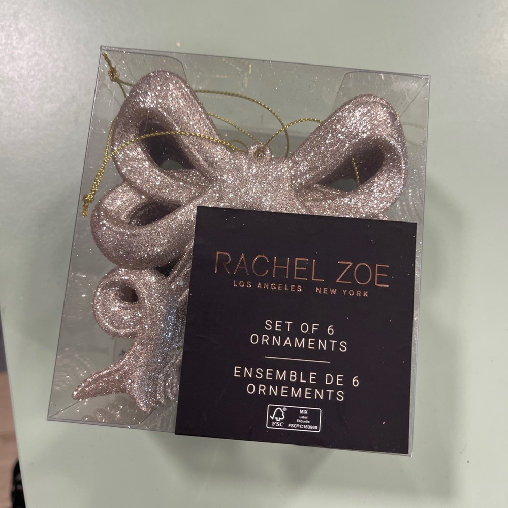 Christmas Gold Glitter Ribbon Bow Tree Ornaments Set of 6 Rachel Zoe NWT